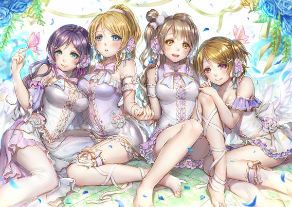 Anime picture 1410x1000 with love live! school idol project sunrise (studio) love live! toujou nozomi minami kotori ayase eli koizumi hanayo ao+beni long hair looking at viewer blush fringe short hair breasts open mouth blue eyes light erotic blonde hair smile hair between eyes