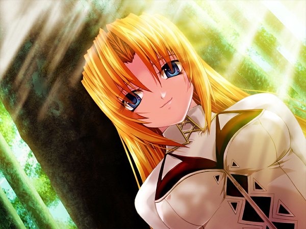 Anime picture 1024x768 with shihen69 (game) single long hair looking at viewer fringe blue eyes blonde hair smile hair between eyes game cg upper body sunlight dutch angle girl plant (plants) tree (trees)