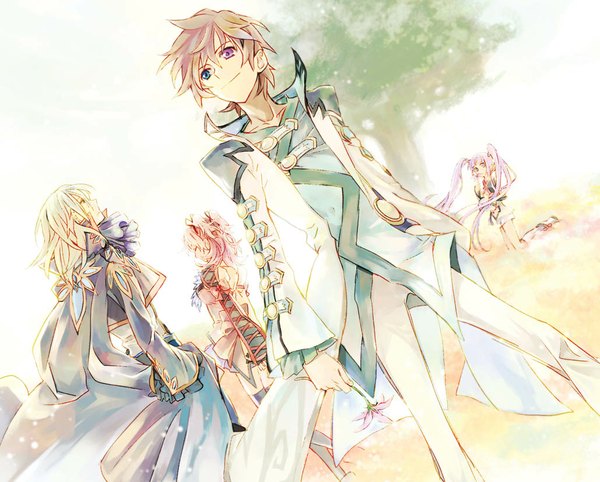 Anime picture 1029x827 with tales of graces sophie (tales) asbel lhant cheria barnes richard (tales) long hair short hair blonde hair twintails multiple girls pink hair eyes closed heterochromia girl boy flower (flowers) 2 girls plant (plants) tree (trees) suit