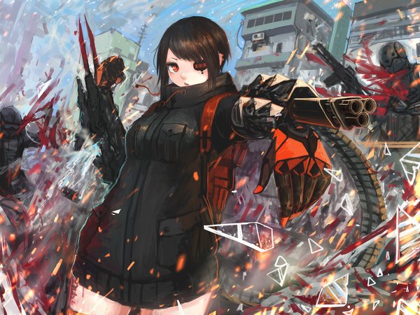 Anime picture 2000x1500 with original sumi elias kasagarasu k454 single highres short hair open mouth brown hair standing looking away orange eyes attack girl weapon earrings jacket gun building (buildings) blood