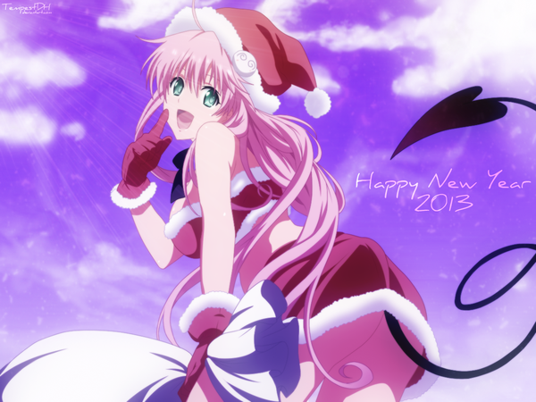 Anime picture 1152x864 with toloveru toloveru darkness xebec lala satalin deviluke tempestdh single long hair open mouth light erotic smile green eyes pink hair sky cloud (clouds) sunlight inscription from below fur trim coloring christmas
