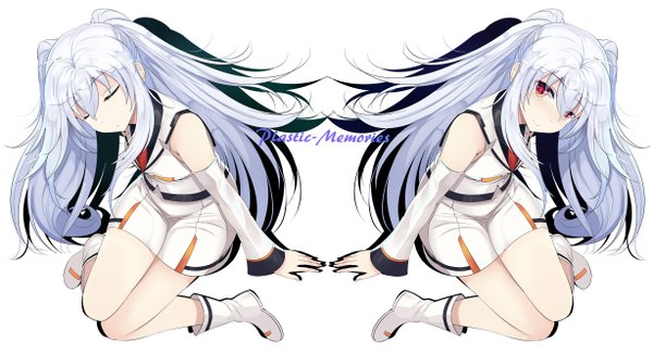 Anime picture 1227x667 with plastic memories isla (plastic memories) sts long hair looking at viewer fringe simple background smile hair between eyes red eyes wide image white background sitting twintails bare shoulders payot silver hair ahoge bent knee (knees) eyes closed