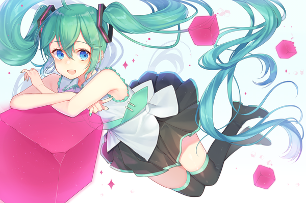 Anime picture 2480x1653 with vocaloid hatsune miku ion (on01e) single fringe highres open mouth blue eyes hair between eyes twintails looking away ahoge very long hair nail polish :d green hair zettai ryouiki girl skirt miniskirt