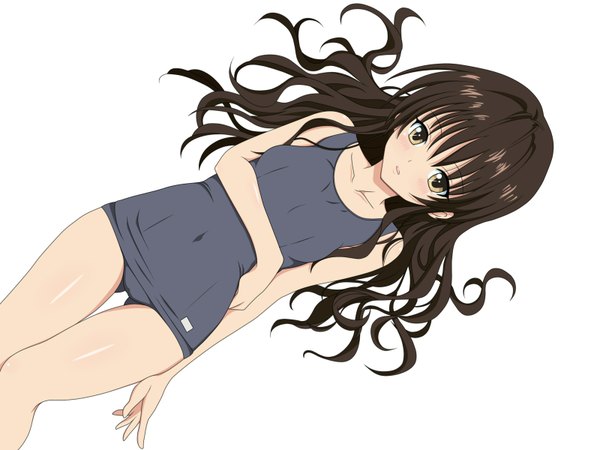 Anime picture 1600x1200 with toloveru xebec yuuki mikan long hair open mouth light erotic brown hair white background yellow eyes lying legs girl swimsuit one-piece swimsuit school swimsuit