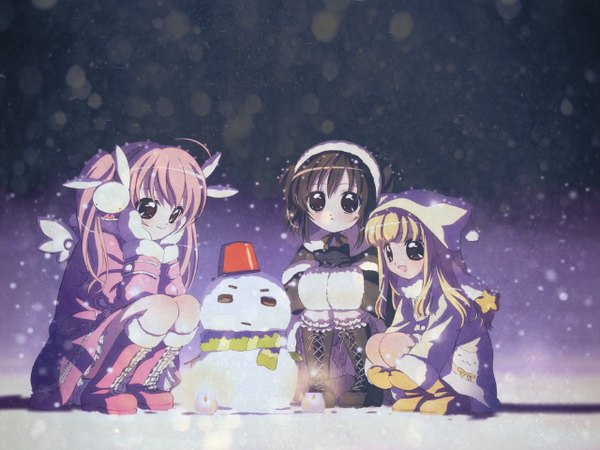 Anime picture 1280x960 with pita ten misha (pita ten) shia (pita ten) snowing winter snow snowman koboshi koboshi uematsu