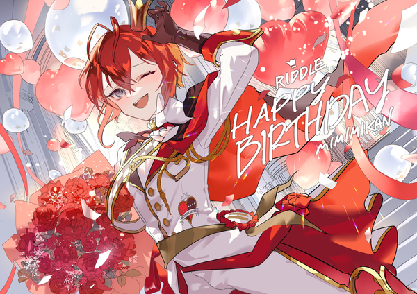 Anime picture 4093x2894 with twisted wonderland riddle rosehearts mimimikan single looking at viewer fringe highres short hair open mouth hair between eyes purple eyes signed absurdres ahoge red hair one eye closed arm up character names ;d happy birthday