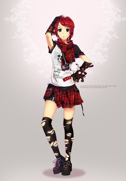 Anime picture 1200x1726 with original rosuuri single tall image short hair brown eyes red hair torn clothes girl thighhighs skirt gloves black thighhighs miniskirt black gloves scarf fingerless gloves toy stuffed animal torn thighhighs