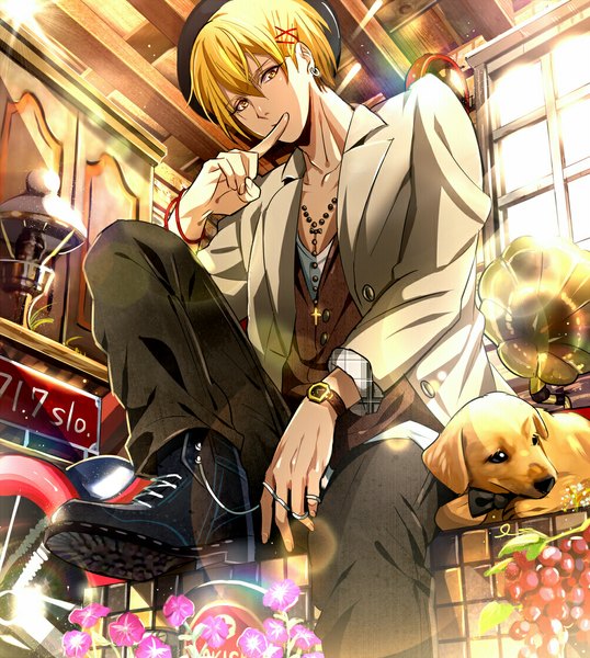 Anime picture 1000x1115 with kuroko no basket production i.g kise ryouta yuna (rutera) single tall image looking at viewer fringe blonde hair sitting yellow eyes from below piercing finger to mouth lacing boy flower (flowers) hat animal food