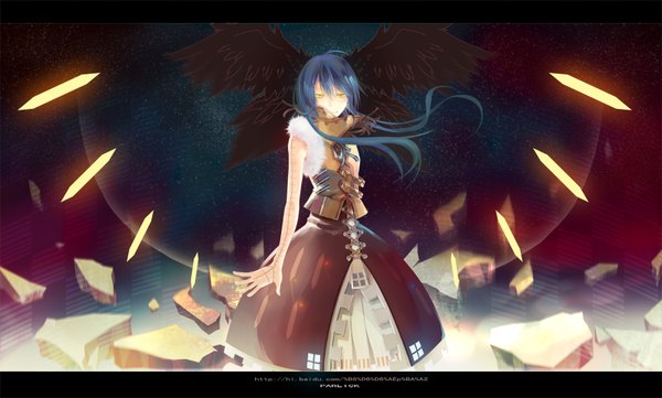 Anime picture 1600x963 with par long hair wide image yellow eyes blue hair tattoo magic black wings destruction girl dress wings