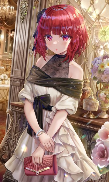 Anime picture 1200x2007 with oshi no ko arima kana torino aqua single tall image blush fringe short hair open mouth red eyes standing bare shoulders looking away red hair indoors blunt bangs :o sparkle girl dress