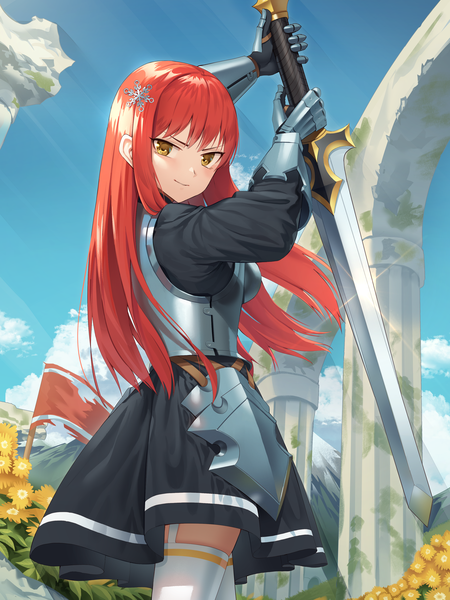 Anime picture 3000x4000 with original goback single long hair tall image looking at viewer blush fringe highres smile standing holding yellow eyes payot sky cloud (clouds) outdoors red hair blunt bangs wind