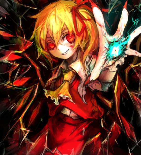 Anime picture 1000x1100 with touhou flandre scarlet spark621 single tall image looking at viewer short hair blonde hair smile red eyes fingernails one side up outstretched arm magic long fingernails girl skirt ribbon (ribbons) hair ribbon wings