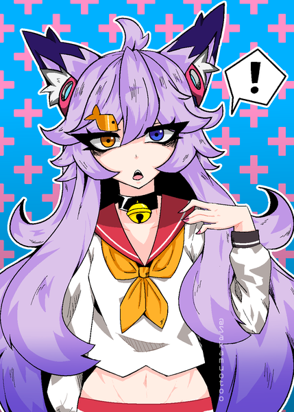 Anime picture 1000x1399 with omega strikers ai.mi (omega strikers) sakamuotoo single long hair tall image looking at viewer fringe open mouth blue eyes simple background hair between eyes signed animal ears yellow eyes purple hair ahoge long sleeves nail polish arm up
