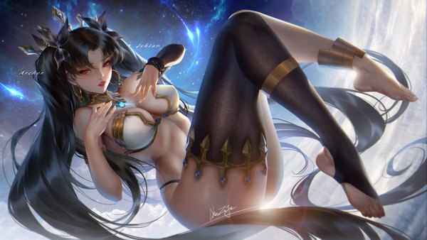 Anime picture 5207x2929 with fate (series) fate/grand order ishtar (fate) czj single looking at viewer fringe highres breasts light erotic black hair hair between eyes red eyes wide image large breasts bare shoulders signed absurdres full body bent knee (knees)