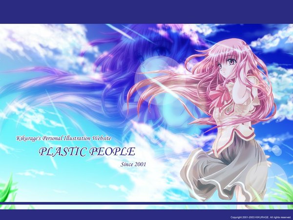 Anime picture 1024x768 with long hair pink hair sky pink eyes zoom layer serafuku plastic people