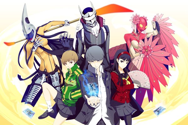 Anime picture 1800x1200 with persona 4 persona satonaka chie narukami yuu izanagi konohana sakuya (persona 4) tomoe (persona 4) infinote highres black hair brown hair multiple girls brown eyes black eyes magic group girl boy weapon 2 girls