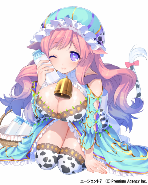 Anime picture 800x1000 with original donacoo single long hair tall image breasts light erotic simple background smile white background purple eyes pink hair cleavage one eye closed wink huge breasts kneeling symbol-shaped pupils cow ears cow girl