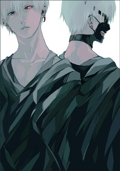 Anime picture 794x1123 with tokyo ghoul studio pierrot kaneki ken yongkang tall image looking at viewer fringe short hair simple background hair between eyes white background upper body white hair piercing ear piercing back to back dual persona black sclera boy mask