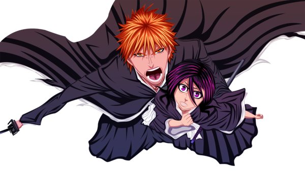 Anime picture 1778x1000 with bleach studio pierrot kurosaki ichigo kuchiki rukia marik248 highres short hair open mouth wide image pink hair japanese clothes pink eyes orange hair orange eyes hug coloring transparent background angry girl boy