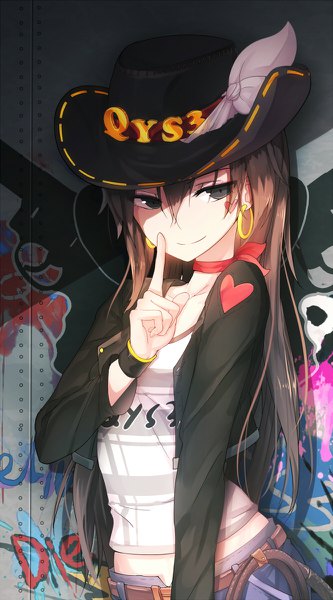 Anime picture 666x1200 with original qian ye (qys3) qys3 single long hair tall image looking at viewer smile brown hair black eyes open jacket revision girl hat jacket belt