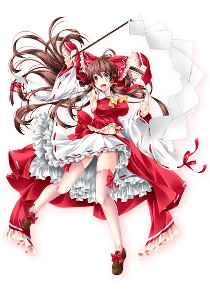 Anime picture 1272x1800 with touhou hakurei reimu kamiya tomoe single long hair tall image blush open mouth light erotic brown hair white background brown eyes traditional clothes japanese clothes pantyshot miko girl thighhighs dress underwear