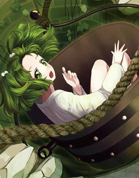 Anime picture 782x1000 with touhou kisume marblewars single tall image looking at viewer blush short hair open mouth green eyes green hair girl bucket
