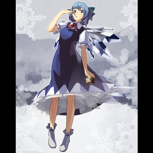 Anime picture 1350x1350 with touhou cirno shihou (g-o-s) single short hair blue eyes blue hair grey background winter snow pillarboxed girl dress bow hair bow wings food sweets ice cream snowflake (snowflakes)