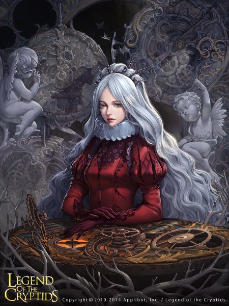 Anime picture 900x1200 with legend of the cryptids lange long hair tall image looking at viewer short hair sitting bare shoulders bent knee (knees) white hair long sleeves bare belly bare legs grey eyes puffy sleeves wavy hair angel wings angel mechanical girl