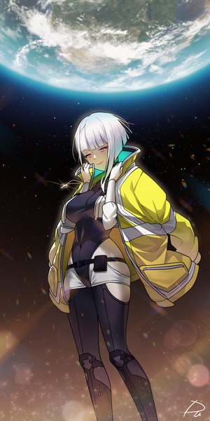 Anime picture 2000x4000 with cyberpunk edgerunners studio trigger lucy (cyberpunk) radjeong single tall image fringe highres short hair light erotic smile standing silver hair blunt bangs open jacket covered navel skindentation looking down clothes on shoulders girl