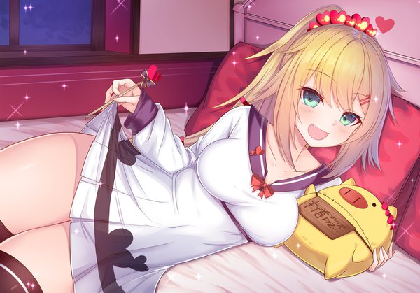 Anime picture 1700x1189 with virtual youtuber hololive akai haato haaton (akai haato) akai haato (2nd costume) yoshiheihe single long hair looking at viewer blush fringe breasts open mouth light erotic blonde hair smile hair between eyes holding payot ponytail