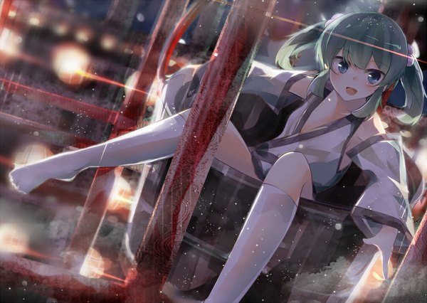 Anime picture 1000x710 with touhou kisume benio (dontsugel) blush short hair open mouth blue eyes twintails :d green hair short twintails girl detached sleeves socks white socks