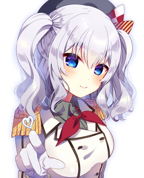 Anime picture 1184x1460 with kantai collection kashima training cruiser mafuyu (chibi21) single long hair tall image looking at viewer blush fringe blue eyes simple background smile white background twintails silver hair wavy hair pointing girl gloves uniform