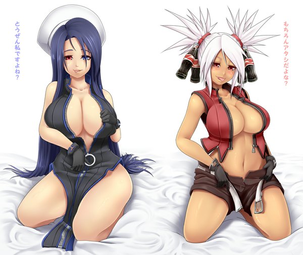 Anime picture 1024x861 with original homura long hair blush breasts light erotic red eyes large breasts multiple girls blue hair white hair heterochromia girl 2 girls tongue
