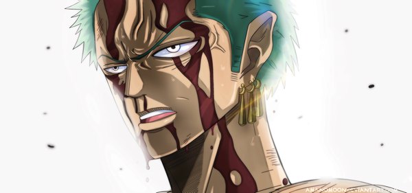 Anime picture 6540x3072 with one piece toei animation roronoa zoro amanomoon single highres short hair open mouth simple background wide image white background signed looking away absurdres green hair black eyes teeth sweat piercing coloring