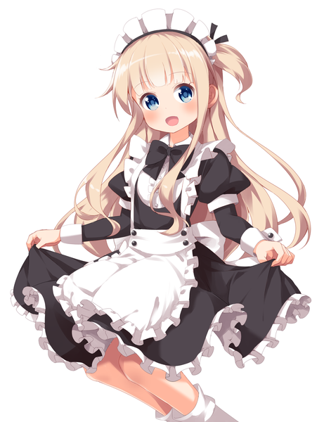 Anime picture 1000x1300 with hinako note hiiragi mayuki ruu (tksymkw) single long hair tall image looking at viewer blush fringe open mouth blue eyes simple background blonde hair smile white background payot bent knee (knees) blunt bangs :d maid