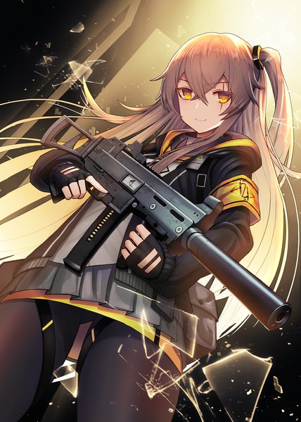 Anime picture 857x1200 with girls frontline ump45 (girls frontline) dakunesu single long hair tall image looking at viewer fringe light erotic smile hair between eyes brown hair standing holding yellow eyes pleated skirt open jacket from below dutch angle one side up