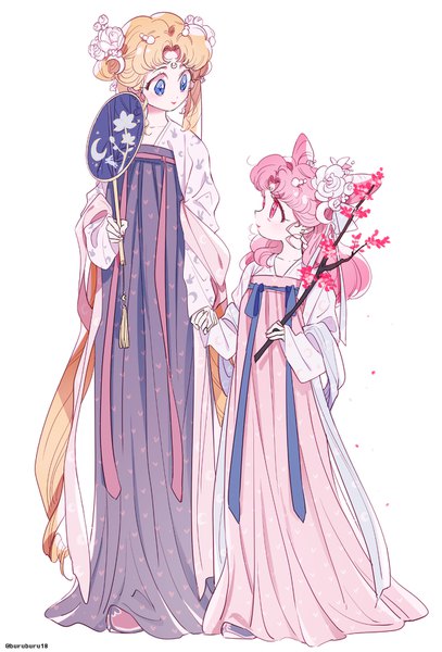 Anime picture 1200x1769 with bishoujo senshi sailor moon toei animation tsukino usagi chibiusa princess serenity princess usagi small lady buruburu18 long hair tall image blush blue eyes simple background blonde hair smile standing white background twintails multiple girls signed pink hair