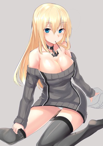 Anime picture 1413x2000 with kantai collection bismarck battleship haik single long hair tall image looking at viewer breasts blue eyes light erotic simple background blonde hair bare shoulders holding cleavage grey background pantyshot no shoes sleeveless mouth hold
