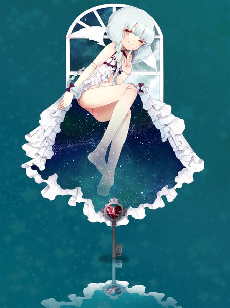 Anime picture 858x1150 with original momoshiki tsubaki long hair tall image looking at viewer light erotic simple background smile red eyes white hair one eye closed wink finger to mouth reflection blue background starry sky print doll joints space print girl dress
