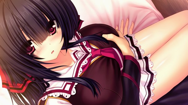 Anime picture 1280x720 with yakimochi stream kirishima sana syroh long hair blush breasts open mouth light erotic black hair red eyes wide image large breasts game cg breast grab girl uniform school uniform
