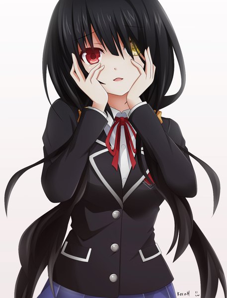 Anime picture 739x970 with date a live mirai nikki tokisaki kurumi gasai yuno keenh single long hair tall image looking at viewer blush fringe breasts open mouth black hair simple background red eyes white background twintails signed yellow eyes