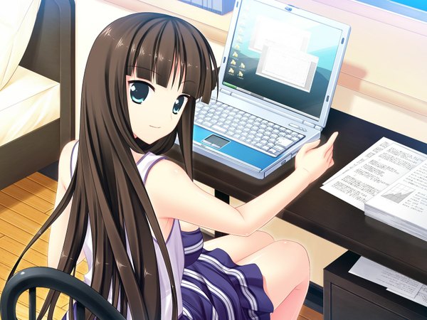 Anime picture 1680x1260 with mechakon! sakurajima moe luna lia long hair blue eyes black hair game cg girl laptop