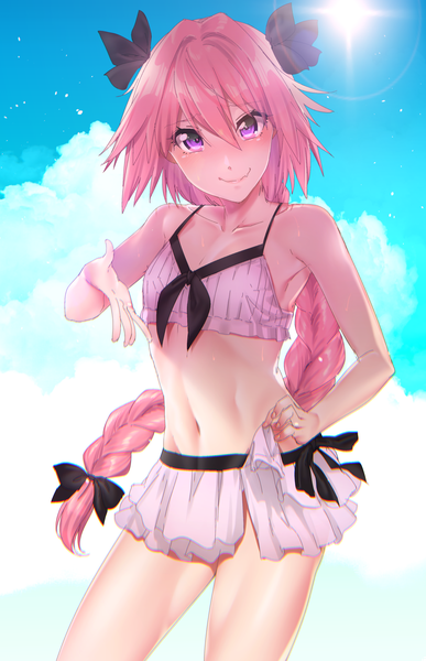 Anime picture 1157x1794 with fate (series) fate/apocrypha astolfo (fate) hisayaki kyuu single long hair tall image looking at viewer blush fringe light erotic smile hair between eyes standing purple eyes bare shoulders pink hair sky cloud (clouds) outdoors