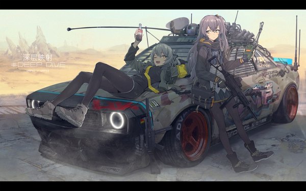 Anime picture 3000x1875 with girls frontline ump45 (girls frontline) ump40 (girls frontline) ladic long hair looking at viewer blush fringe highres open mouth hair between eyes standing multiple girls holding yellow eyes looking away sky purple hair full body bent knee (knees)