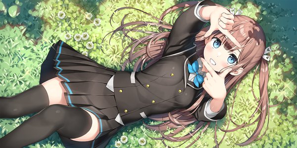 Anime picture 1900x950 with ange vierge hinata miumi kantoku single long hair looking at viewer blush fringe highres blue eyes smile brown hair wide image outdoors lying long sleeves pleated skirt from above arms up sparkle