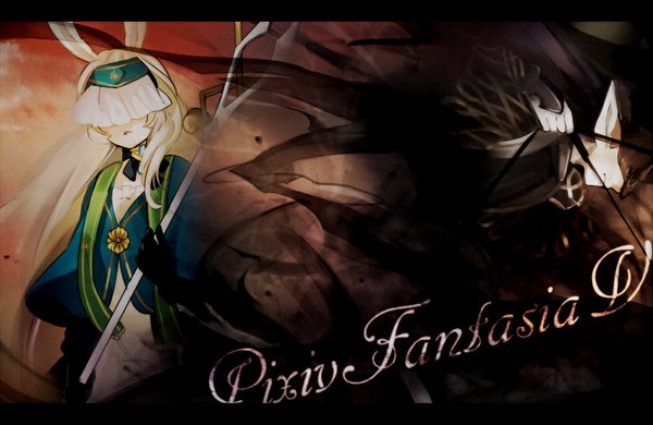 Anime picture 1000x650 with original pixiv fantasia pixiv fantasia v tama (songe) long hair black hair blonde hair profile pointy ears inscription bunny ears letterboxed girl boy gloves mask bow (weapon)