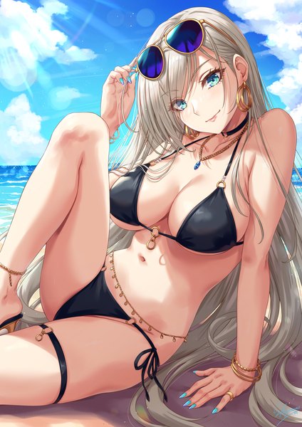 Anime picture 1500x2121 with original sakiyamama single tall image looking at viewer fringe breasts blue eyes light erotic blonde hair smile large breasts sitting sky cleavage cloud (clouds) bent knee (knees) outdoors very long hair nail polish