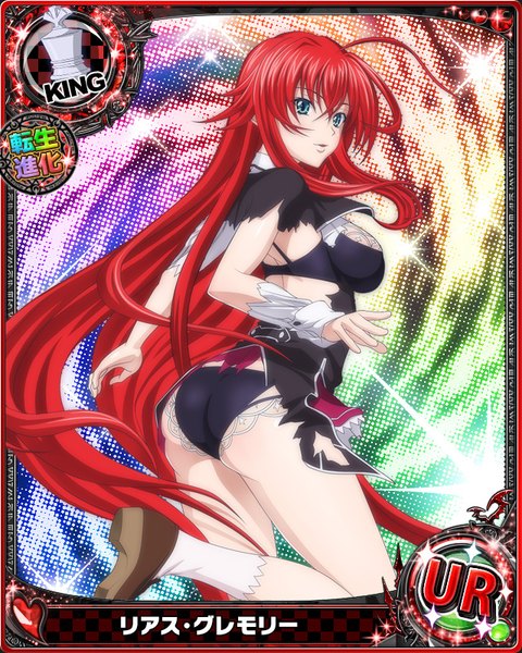 Anime picture 640x800 with highschool dxd rias gremory single tall image looking at viewer blue eyes light erotic red hair very long hair torn clothes card (medium) girl skirt uniform underwear panties school uniform socks lingerie bra