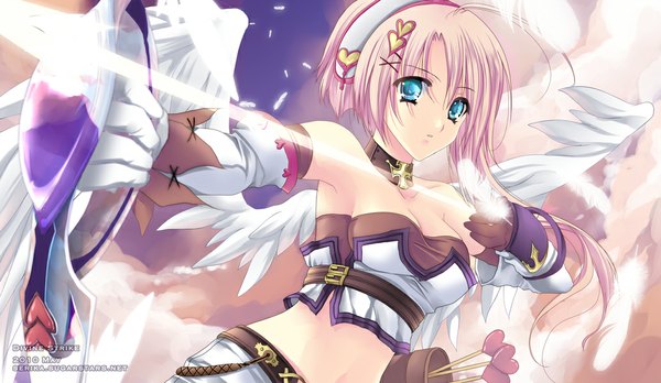 Anime picture 1033x600 with hizuki24 single short hair wide image bare shoulders pink hair aqua eyes magic angel wings angel girl gloves hair ornament weapon detached sleeves heart hairclip x hair ornament feather (feathers) cross
