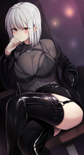 Anime picture 2475x4564 with original ddangbi single tall image looking at viewer blush fringe highres short hair breasts light erotic hair between eyes red eyes large breasts sitting white hair off shoulder open jacket dutch angle crossed legs